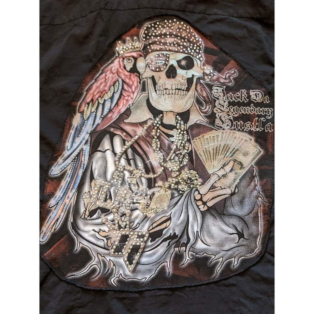 H&M Mens Large Shirt Black GATS.B Jack Sparrow Skeleton Hustla Blinged Back Hit!